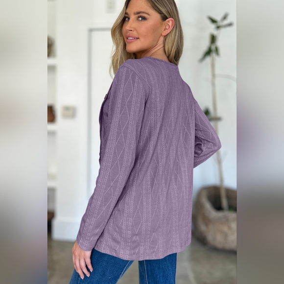 Slit Round Neck Long Sleeve Button T-Shirt - Picture 3 of 5